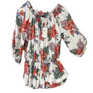 NEW ULUWATU Blouse Women S Floral Off Shoulder Ruffle 3/4 Sleeve Peplum Elastic